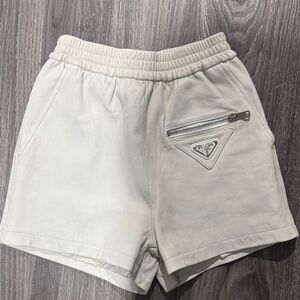 Prada Cream Leather Shorts with Zip Detail